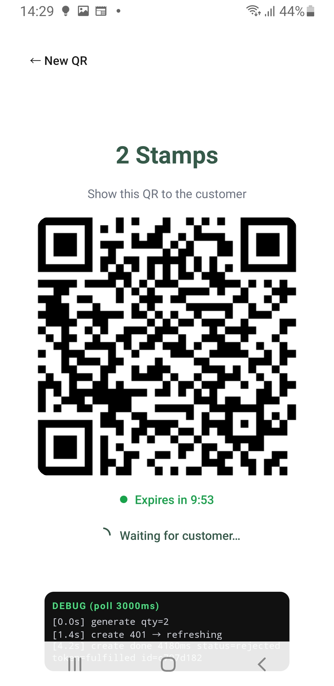 Staff app showing dynamic QR with stamp count