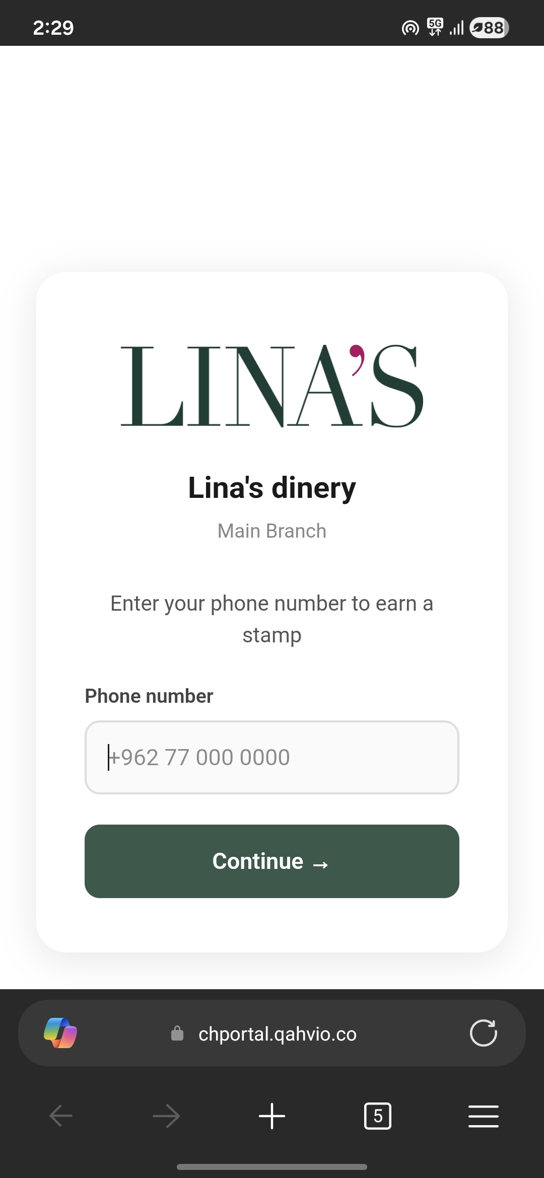 Customer's branded loyalty page asking for phone number